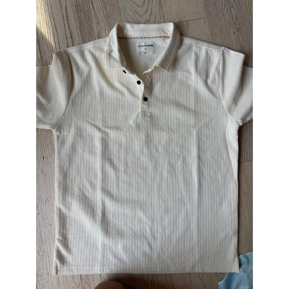 Hudson & Barrow Mens Large Cream Textured Ribbed Short Sleeve Polo Shirt
